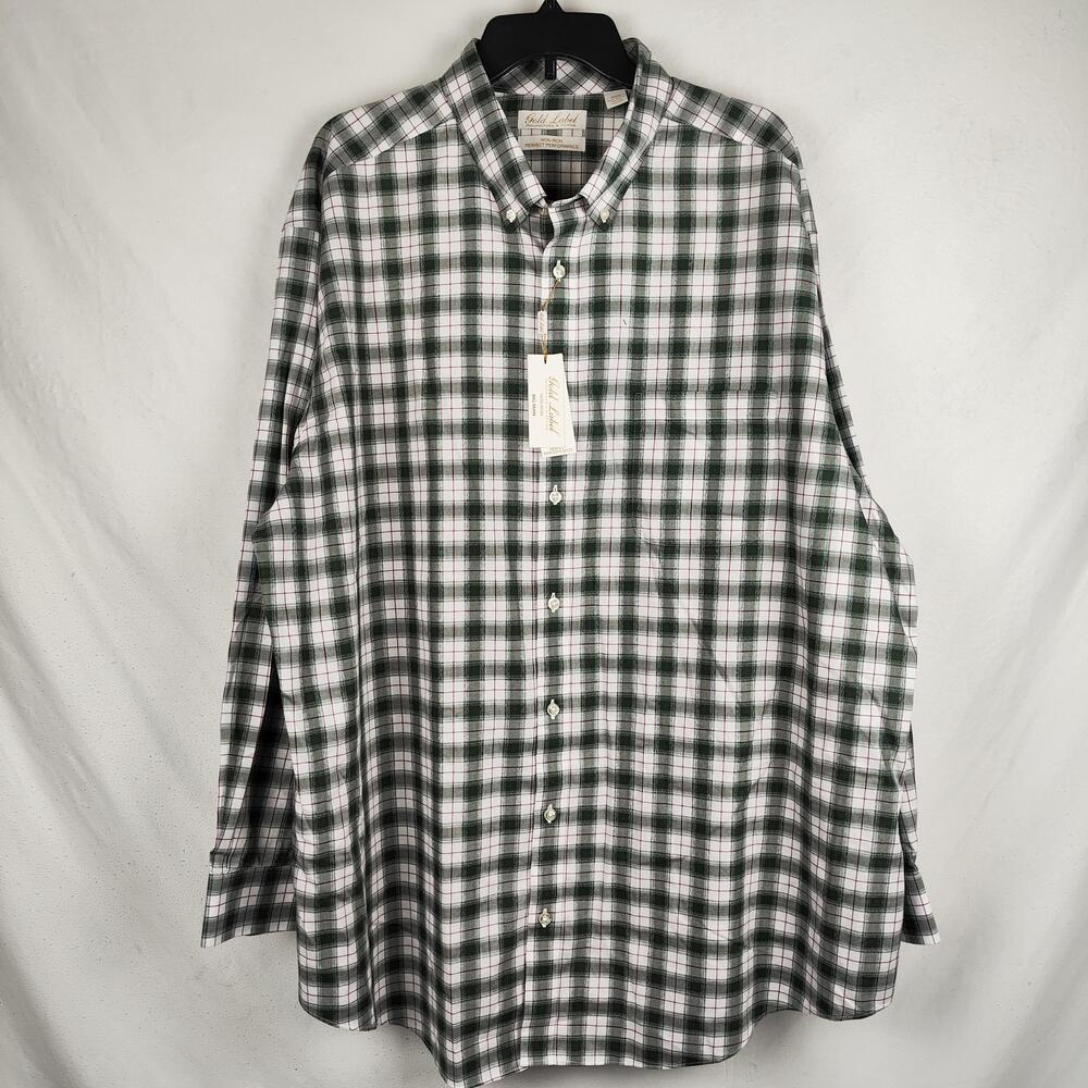 Gold Label Roundtree & Yorke Shirt Mens Big 2X Green Plaid Non Iron Button Down